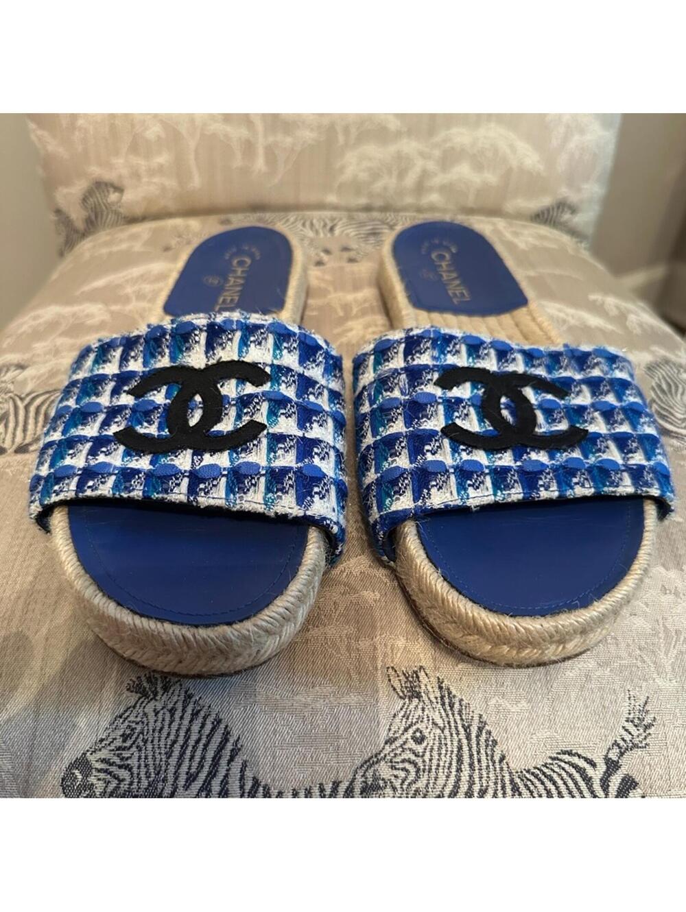 Chanel Blue Tweed Espadrille Slides